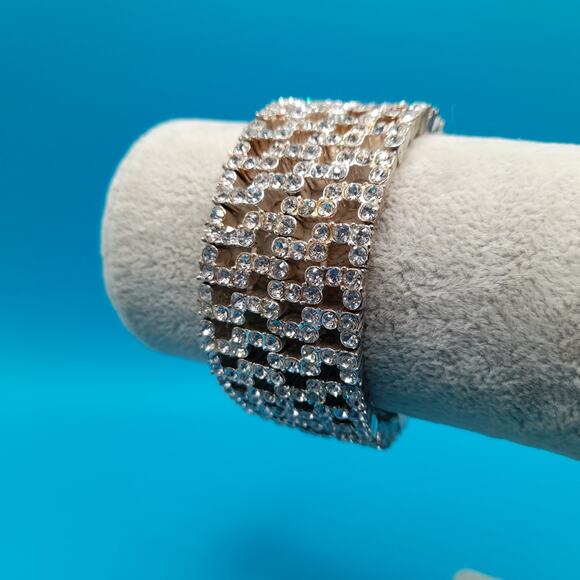 Vintage Monet Stretch Bracelet, Clear Rhinestones, Wide Bracelet - Picture 3 of 9